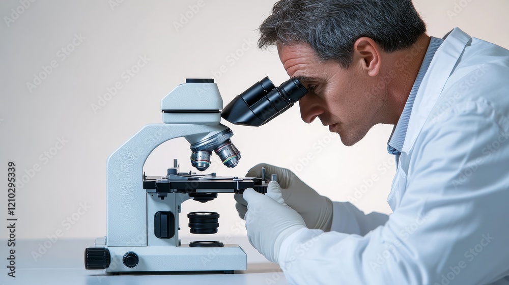Scientist Examining Sample Through Microscope in Laboratory Setting Scientist Examining Sample Through Microscope in Laboratory Setting