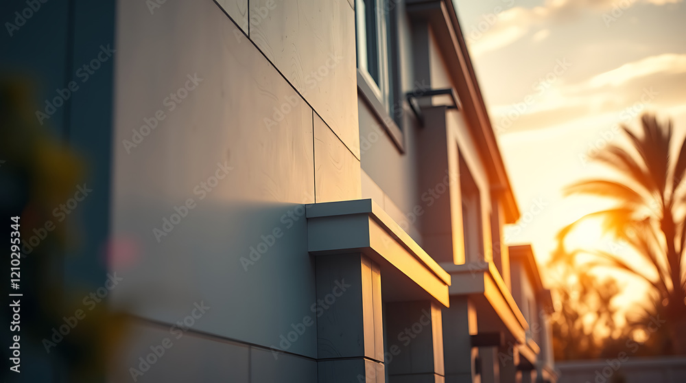 Fototapeta premium Modern House Architecture: Luxury Real Estate at Sunset. Discover the beauty of contemporary home design and architecture in this captivating image.