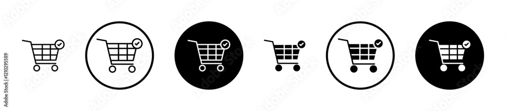 Shopping cart check icons set in black filled and stroke line style Shopping cart check icons set in black filled and stroke line style