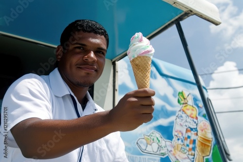 Man holds colorful ice cream cone from truck window. photo