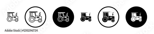 Tractor icons set in black filled and stroke line style