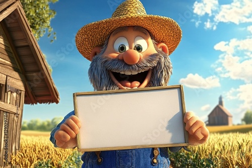 A cartoon farmer holding a white board with a smile on his face