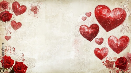 Vintage floral red hearts background for love designs