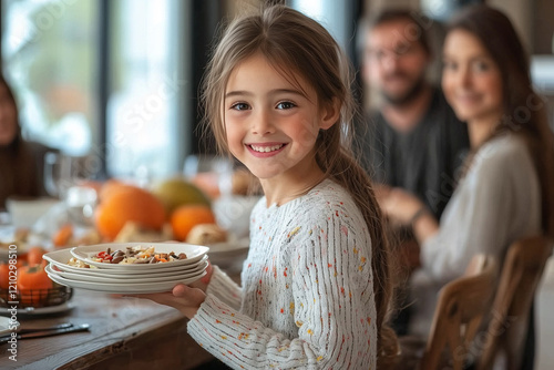 Little girl clearing plates from the table. Helping her parents or guardians. Family comfort.