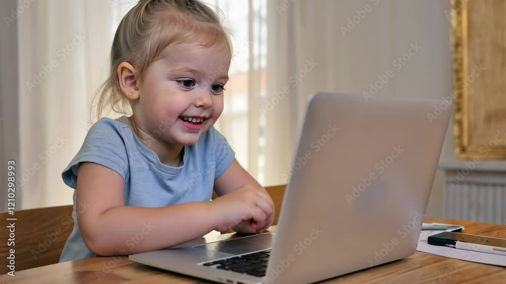 Smiling little girl watching a screen at home for online learning, speech therapy, and cartoons Smiling little girl watching a screen at home for online learning, speech therapy, and cartoons