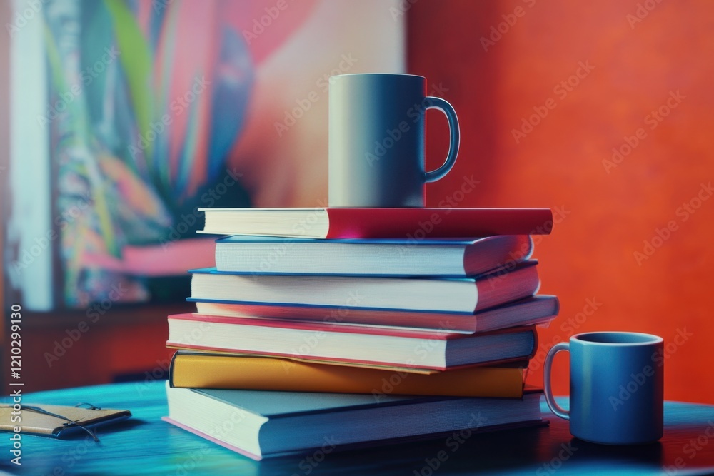 A white book sits on a table next to a mug A white book sits on a table next to a mug