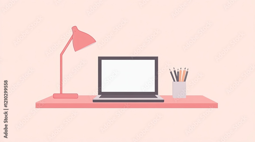 Fototapeta premium Simple home office setup featuring a laptop on a desk with a lamp, a pencil holder, and a clean, neutral background.
