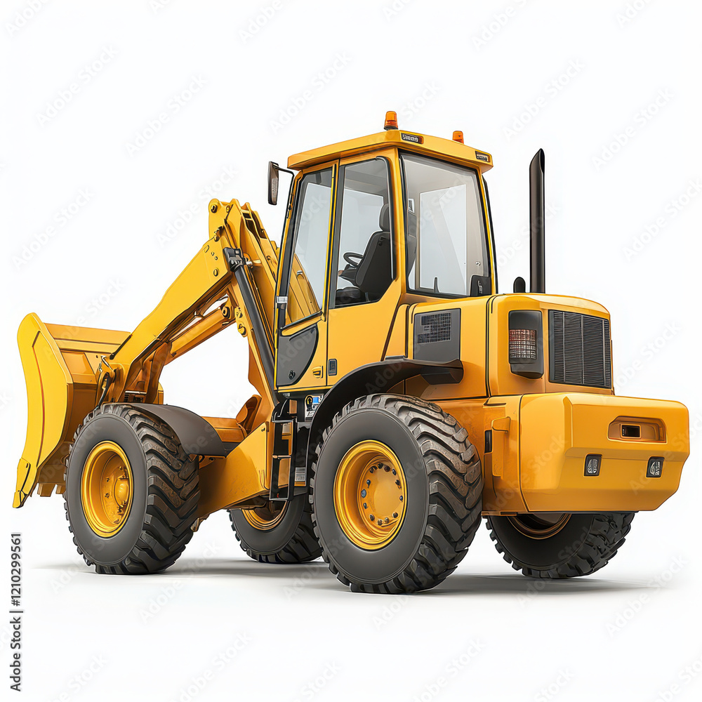 Heavy yellow backhoe loader with large tires and articulated arm Heavy yellow backhoe loader with large tires and articulated arm