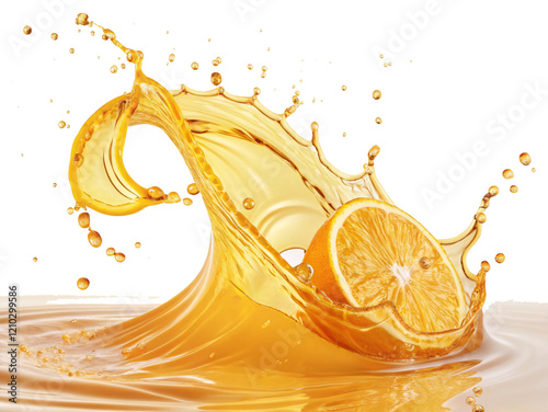 Vibrant orange juice splash, Dynamic liquid motion, Sliced oranges