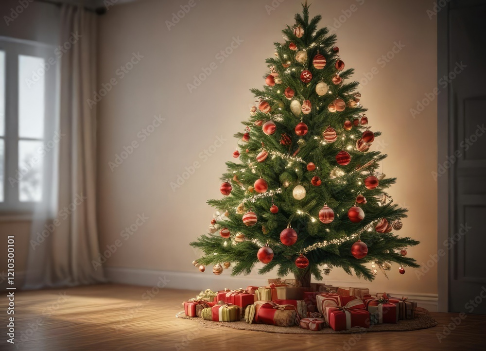 Christmas tree decorated with ornaments and lights, sparkling lights, colorful lights, greenery Christmas tree decorated with ornaments and lights, sparkling lights, colorful lights, greenery