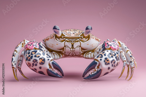 crab with striking leopard-print patterns on its shell and claws, set against a minimalistic pastel pink background