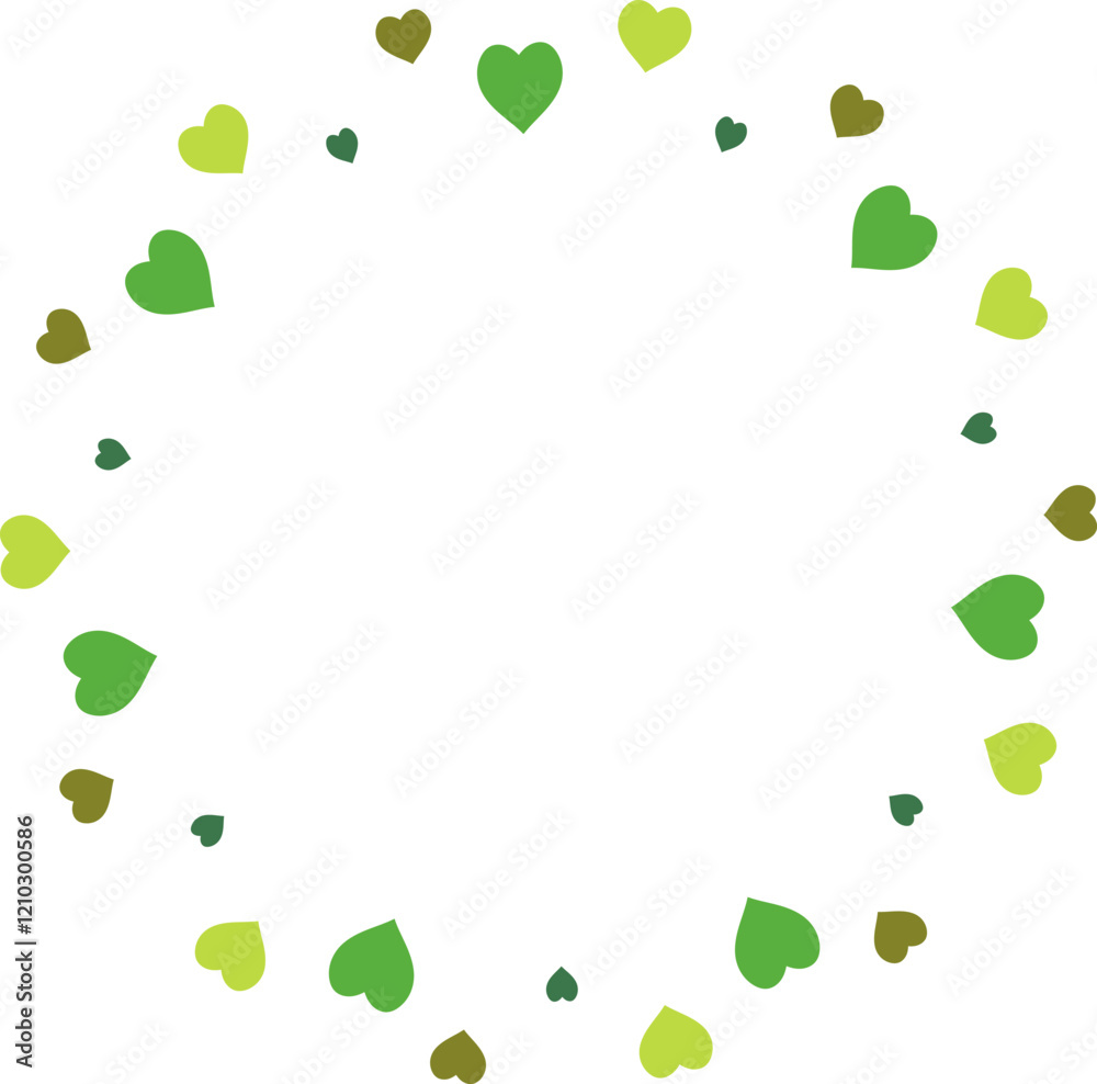 Fototapeta premium Round frame with magic green hearts on white background. Vector image.
