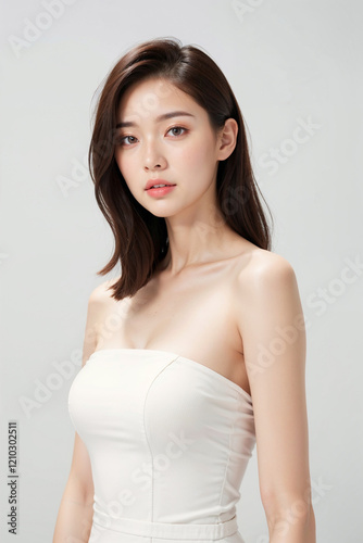 A woman with long brown hair and a white tank top