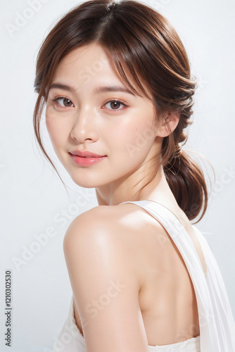 A woman with long brown hair and a white tank top