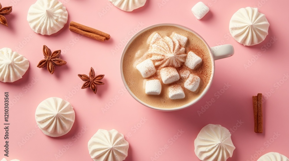 Warm cup of coffee with marshmallows and cinnamon on a bright pastel pink background, featuring scattered meringue cookies. Warm cup of coffee with marshmallows and cinnamon on a bright pastel pink background, featuring scattered meringue cookies.