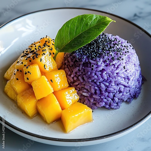 Blue sticky rice mango dessert, authentic Thai blue sticky rice mango dessert, traditional blue sticky rice mango dessert with coconut milk, Mango sticky rice Delicious mango with purple rice dessert.