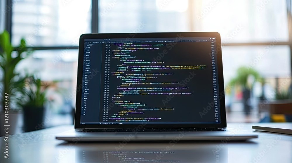 Web development mockup on a laptop screen, featuring design tools and elements for modern websites, set on a minimalist desk. Web development mockup on a laptop screen, featuring design tools and elements for modern websites, set on a minimalist desk.