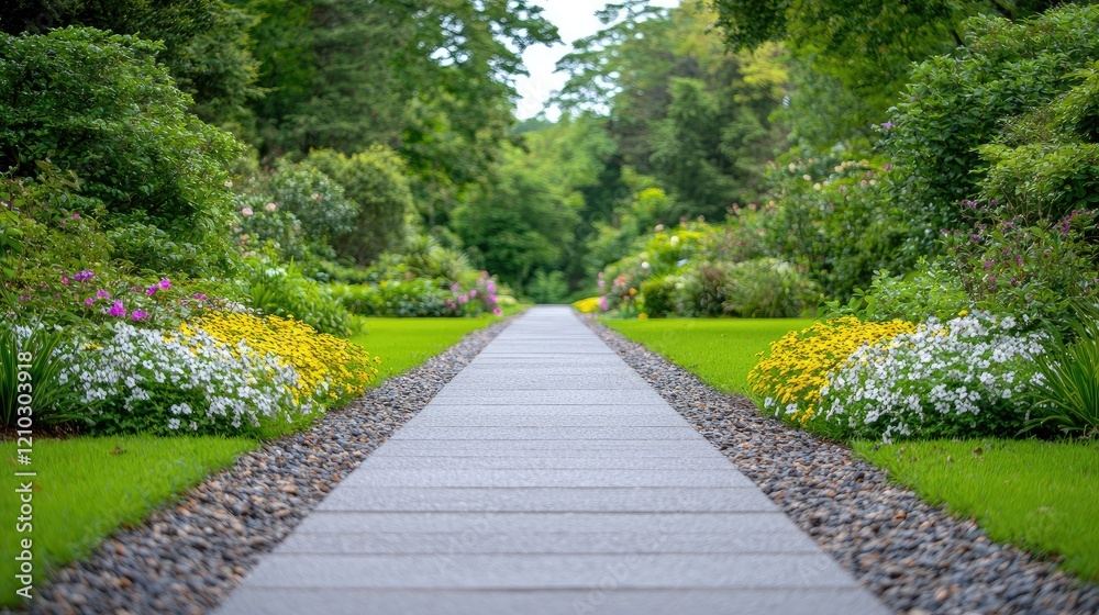 Obraz premium Stone pathway leads through a lush green garden with colorful flower beds under bright daytime light.