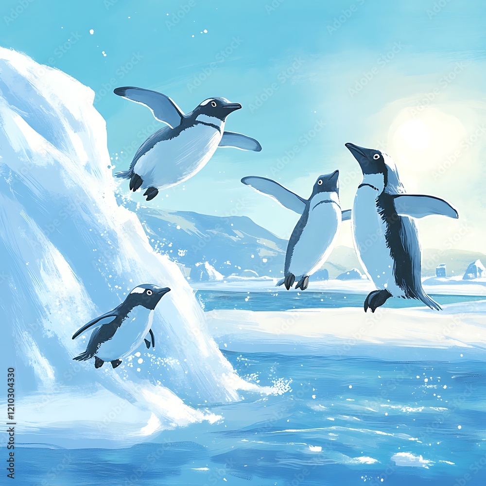 Obraz premium Colorful artwork of penguins in their habitat