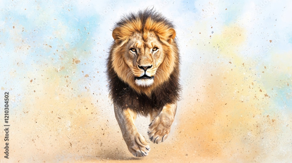 Fototapeta premium Majestic Lion Running Through Dusty Landscape Under Clear Sky