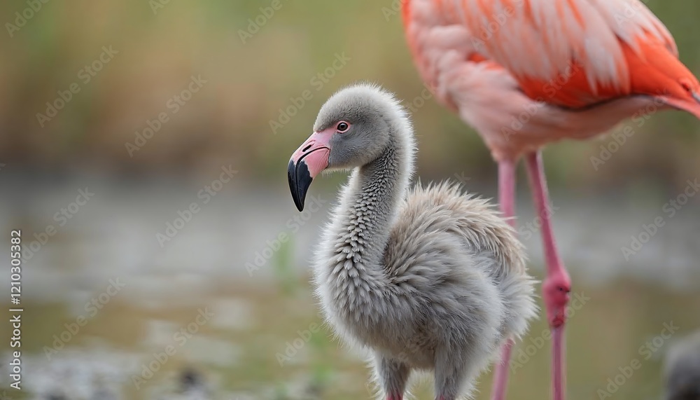 Fototapeta premium Adorable Gray Flamingo Chick with Pink Adult