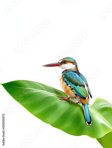 Close-up of a rare white bootied racket tail bird resting on a green leaf, outdoors, wildlife photography photo