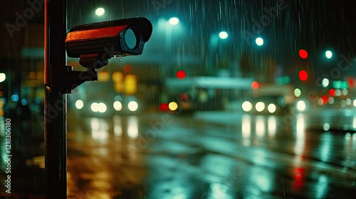 A security camera mounted on a pole watches over a wet urban street parking lot at night, with blurred vehicle lights creating a dramatic atmosphere.