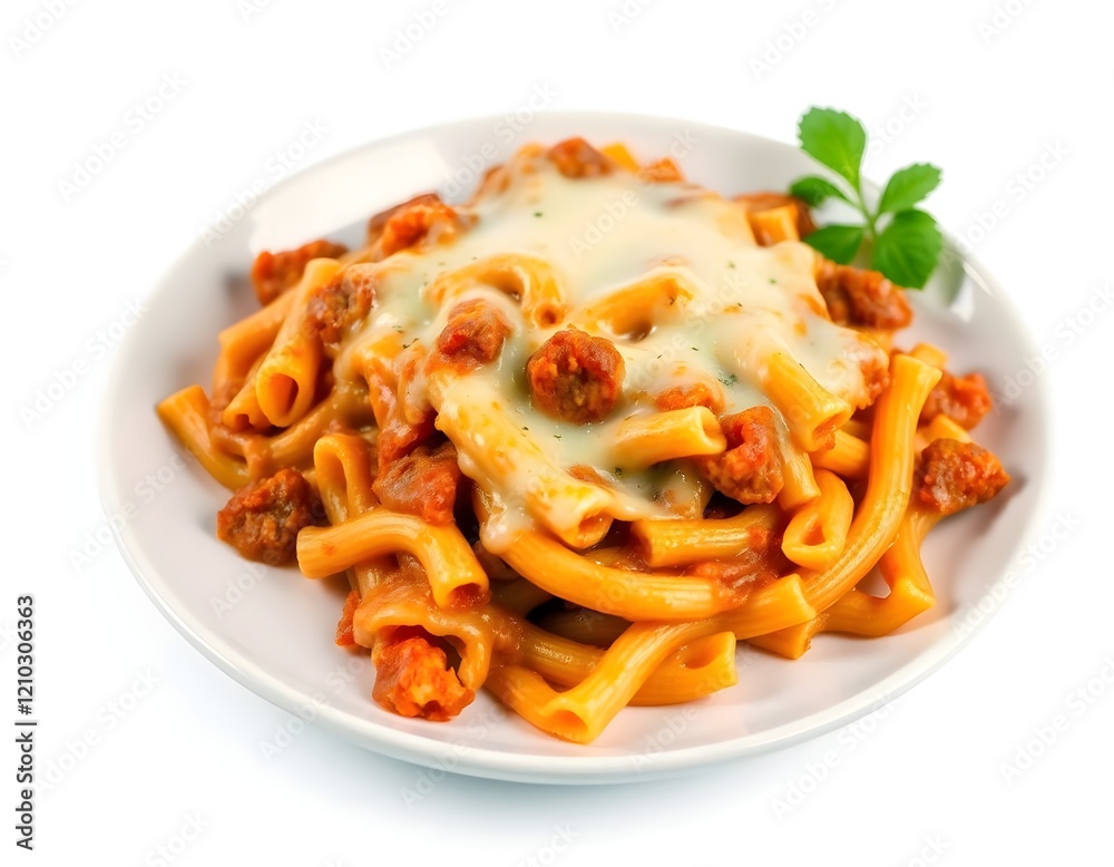 Cheesy Baked Ziti on a Plate, Topped with Melted Cheese and Isolated on a White Background Cheesy Baked Ziti on a Plate, Topped with Melted Cheese and Isolated on a White Background