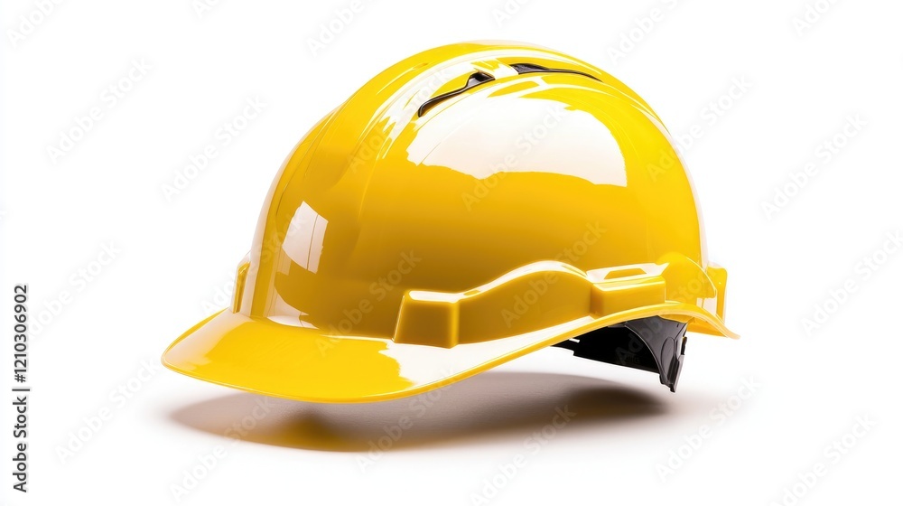 Fototapeta premium Yellow hard hat isolated on a white background representing construction safety and industrial work protection.