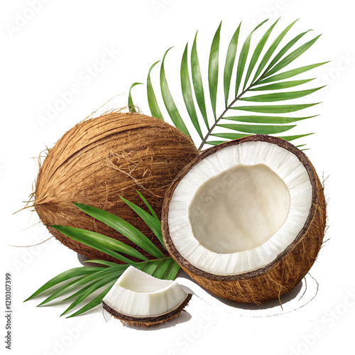 Coconuts, tropical fruit, split coconut, white coconut flesh, whole brown coconut, green palm leaves, isolated on white background