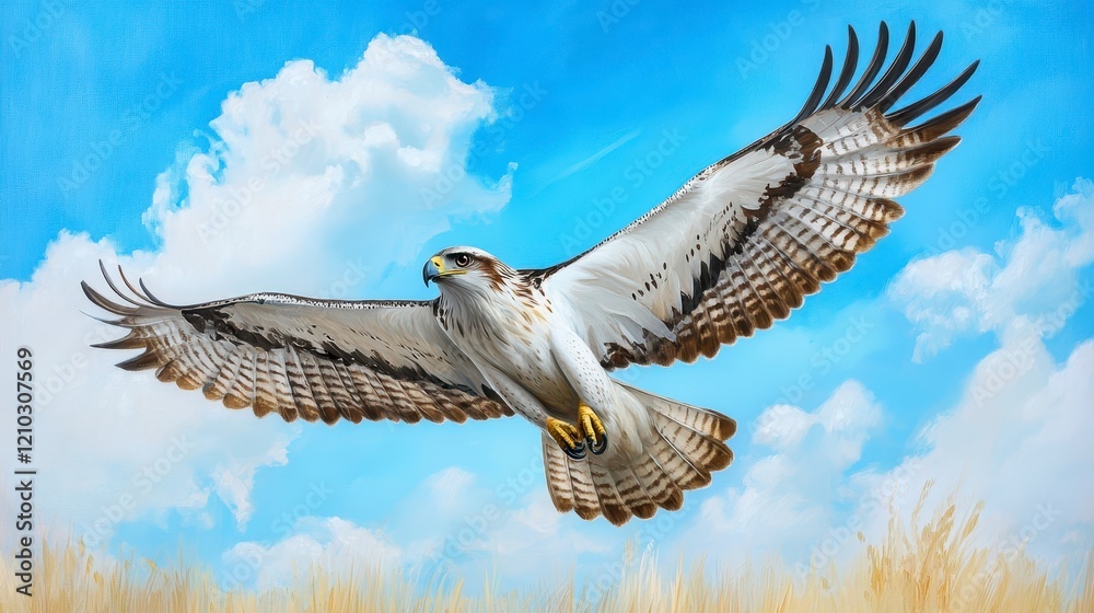 Fototapeta premium Majestic Hawk Soaring Against Bright Sky with Fluffy Clouds