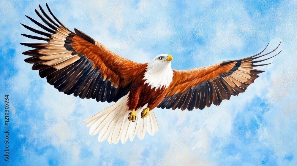 Obraz premium Majestic Bald Eagle in Flight Against a Blue Sky Background