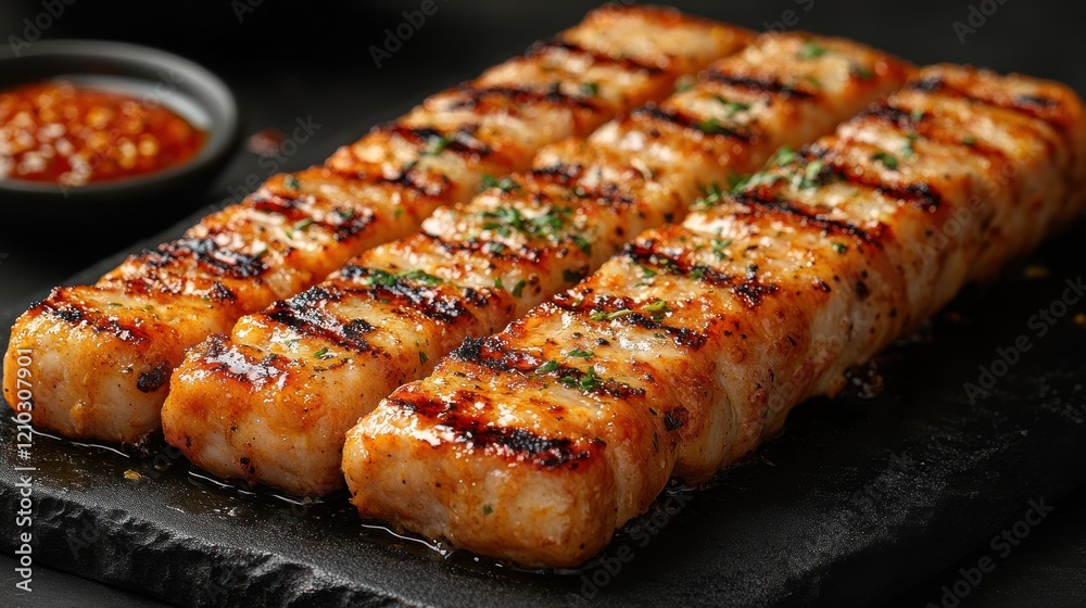 Grilled fish skewers, spicy sauce, dark background, food blog