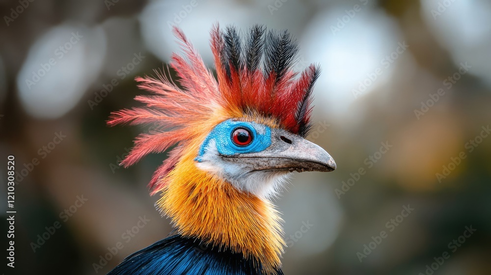 Fototapeta premium Vibrant crested guineafowl profile, rainforest bokeh. Wildlife photography for nature documentaries