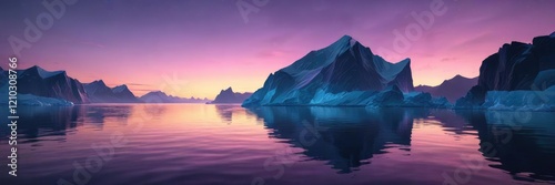 An iceberg rising above the calm waters as day turns to night with shades of purple and blue, natural wonder, floating, evening glow