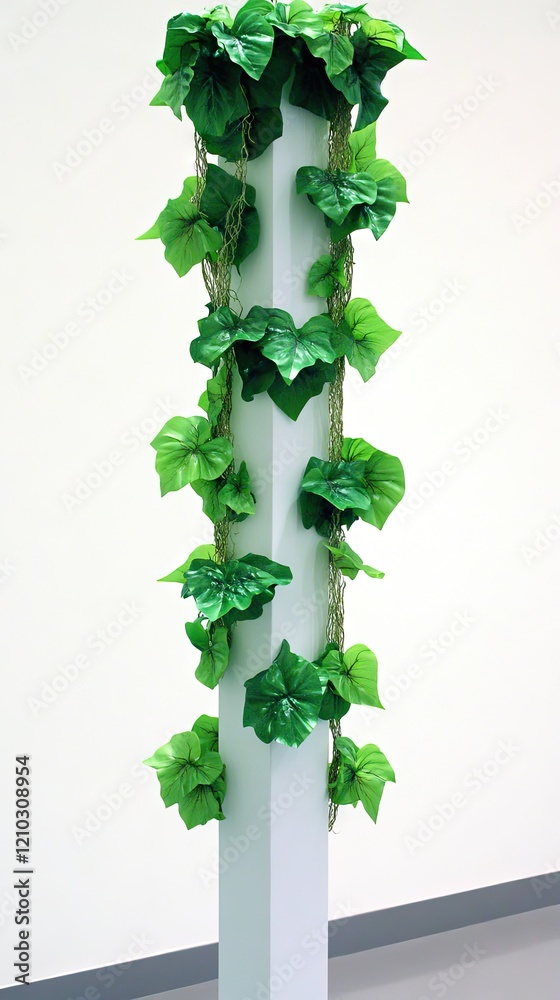 Fototapeta premium Artificial ivy decorates a white pillar indoors