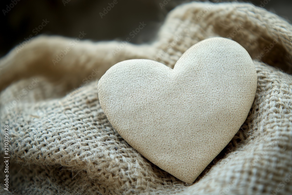Obraz premium A beige soft fabric heart on textured burlap, evoking warmth, simplicity, and rustic charm. Ideal for cozy or handmade themes.