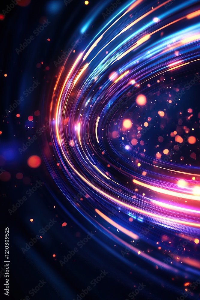 Obraz premium A vibrant swirl of colorful light trails and glowing particles against a dark background, creating a dynamic and energetic visual effect.