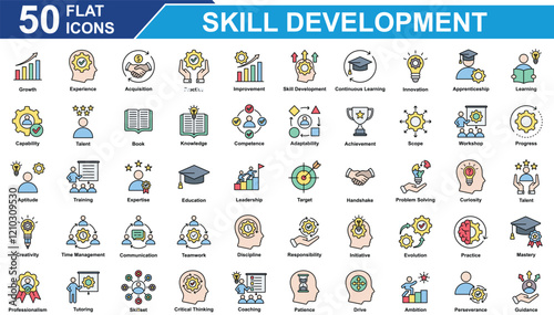 Skill Development Icon Set Collection. Containing Growth, Skill Development, Innovation, Target, Training, Team Work, Problem Solving. Simple Flat Vector Illustration.