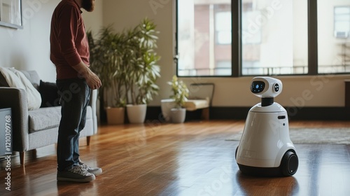 A humanoid robot in a stylish living room represents the concept of smart home automation and futuristic technology.