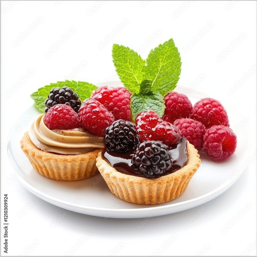 Delicious raspberry and blackberry tarts, mint garnish, white plate, studio shot, dessert food photography Delicious raspberry and blackberry tarts, mint garnish, white plate, studio shot, dessert food photography