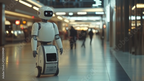 Robotics in everyday life, showing a humanoid robot walking alongside a woman in a modern shopping mall, symbolizing future technology and human-machine interaction. photo