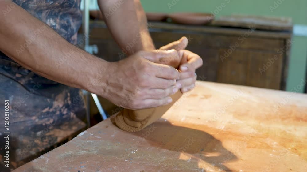 A dedicated craftsman meticulously shaping clay within a small artisanal workshop space A dedicated craftsman meticulously shaping clay within a small artisanal workshop space