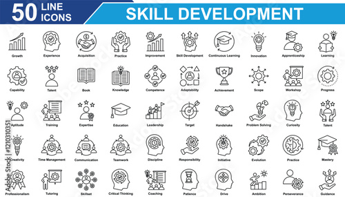 Skill Development Icon Set Collection. Containing Growth, Skill Development, Innovation, Target, Training, Team Work, Problem Solving. Simple Line Vector Illustration.