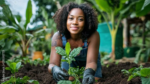 An African-American woman gardening at home and moving plants