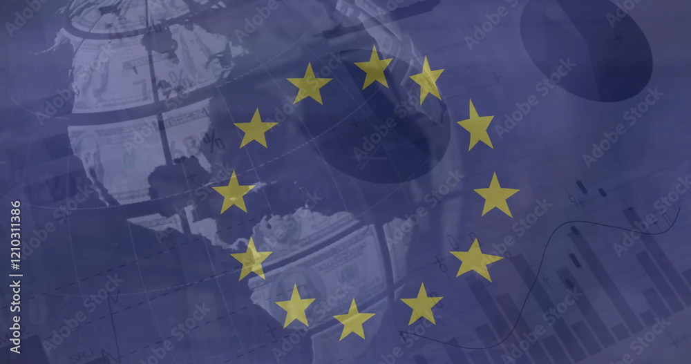 Fototapeta premium Image of flag of european union over globe and charts processing data