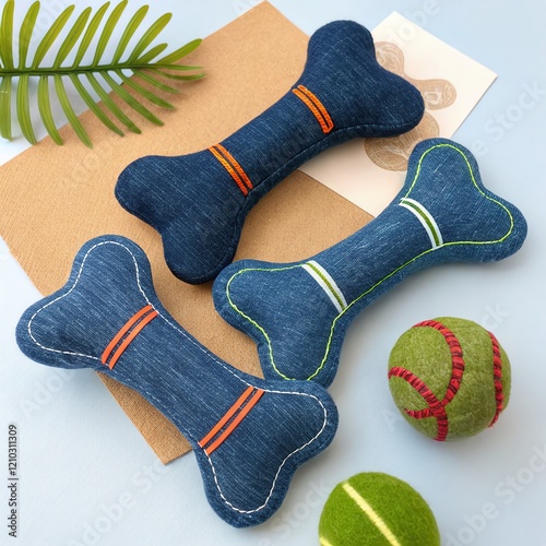Eco-friendly pet product concept. Three colorful plush dog toys shaped like bones, made from denim fabric, accompanied by two felt balls on a light blue background with a leaf.
