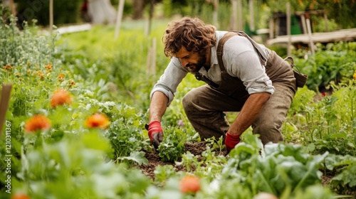 A gardener’s hand uses a trowel to carefully plant seedlings in rich soil, surrounded by vibrant green plants. This image represents organic farming, sustainable gardening photo