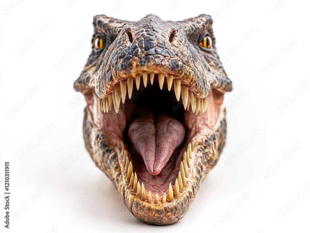 Roaring dinosaur head, studio shot, white background, prehistoric creature Roaring dinosaur head, studio shot, white background, prehistoric creature