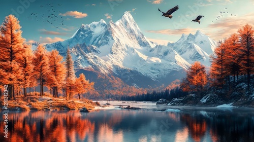 a stunning mountain landscape captured in this digital art piece, with elements of frostpunk and wildlife photography